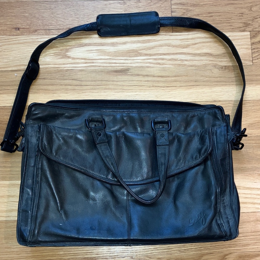 Scully Black Leather Laptop Carry Bag Briefcase Multiple Pocket Adjustable Strap